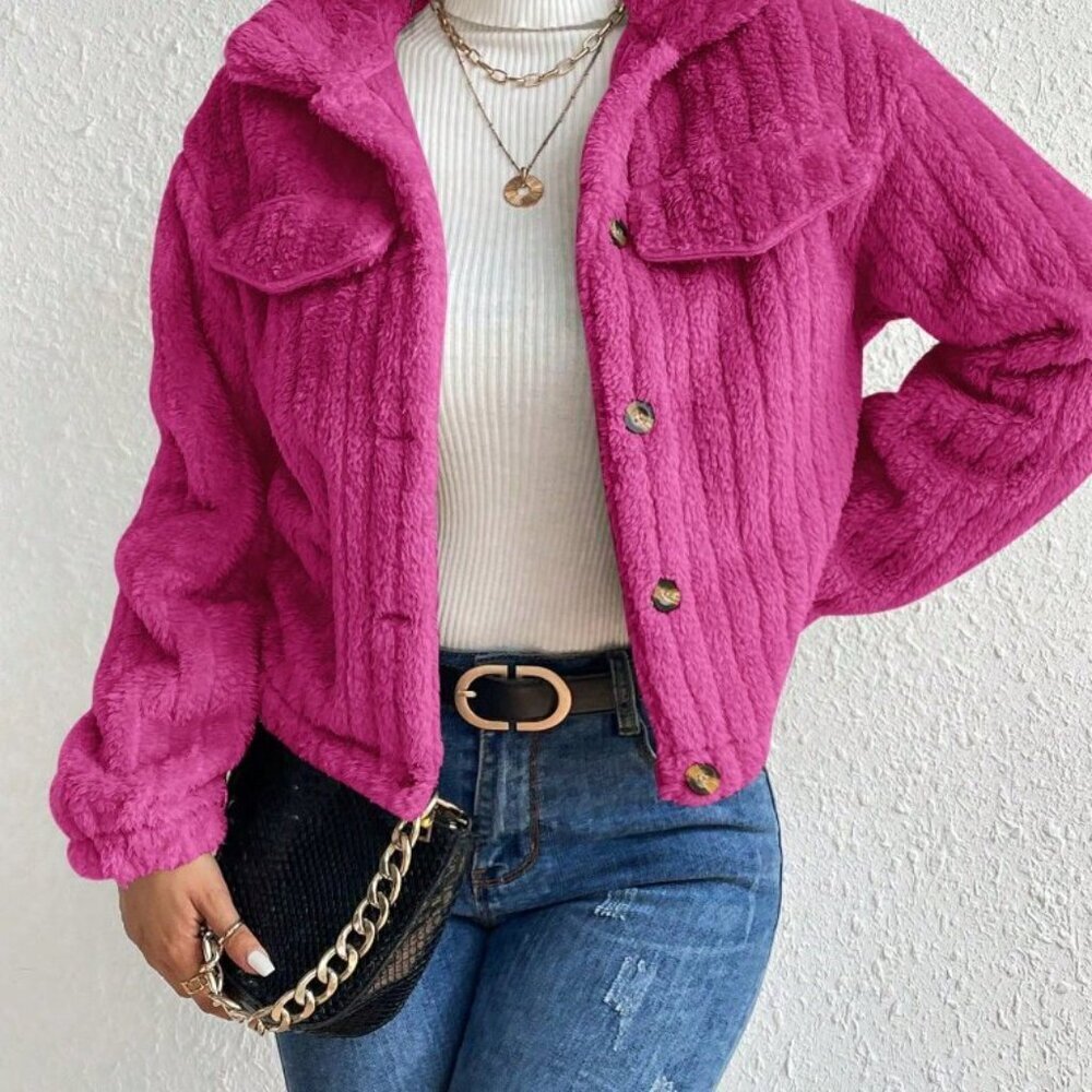 Rose Red Casual Women's Front Button Ribbed Fleece Jacket